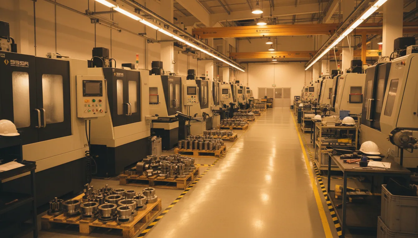Wide-angle view of a manufacturing floor with machinery and marked walkways in Sarawak.