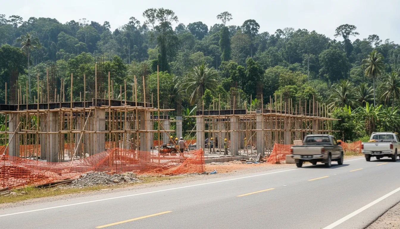 Eye-level view of a construction site beside a tropical roadside in Sarawak.