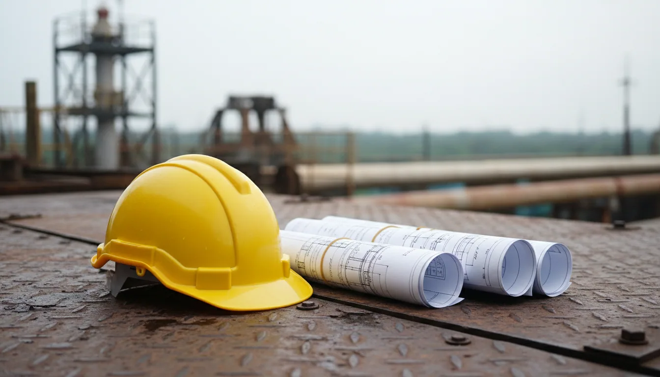 Close-up view of a safety helmet and engineering drawings on a steel surface at an industrial site.